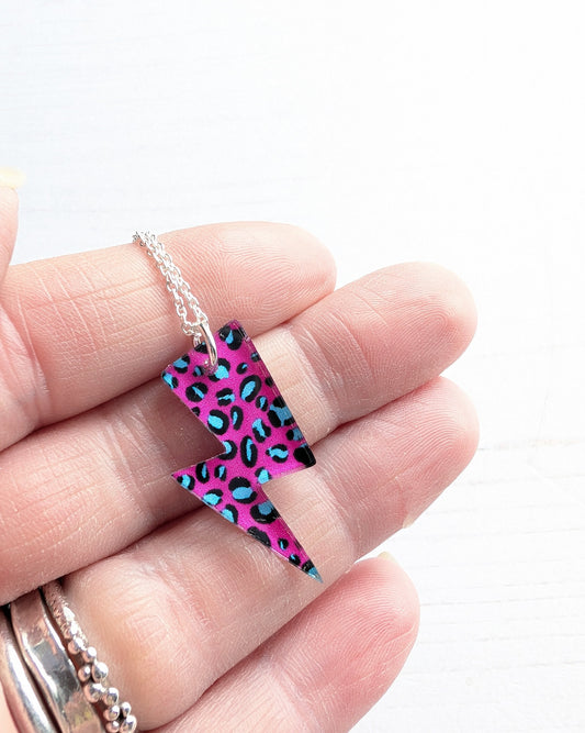 Lightning Bolt Pendant Pink Leopard