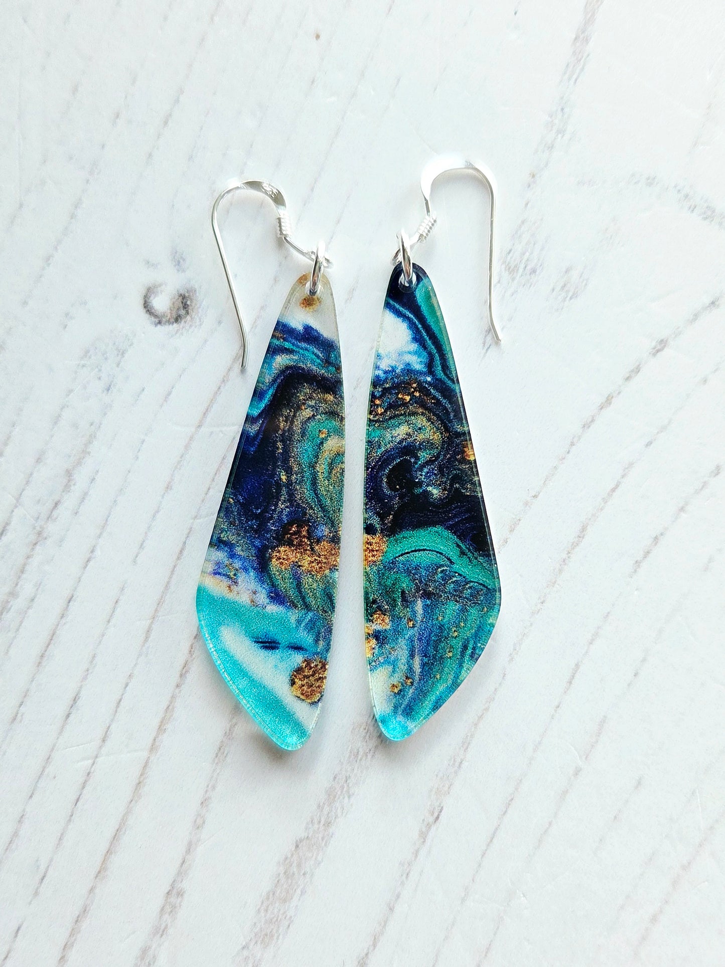 Statement drop earrings, Turquoise and gold swirl