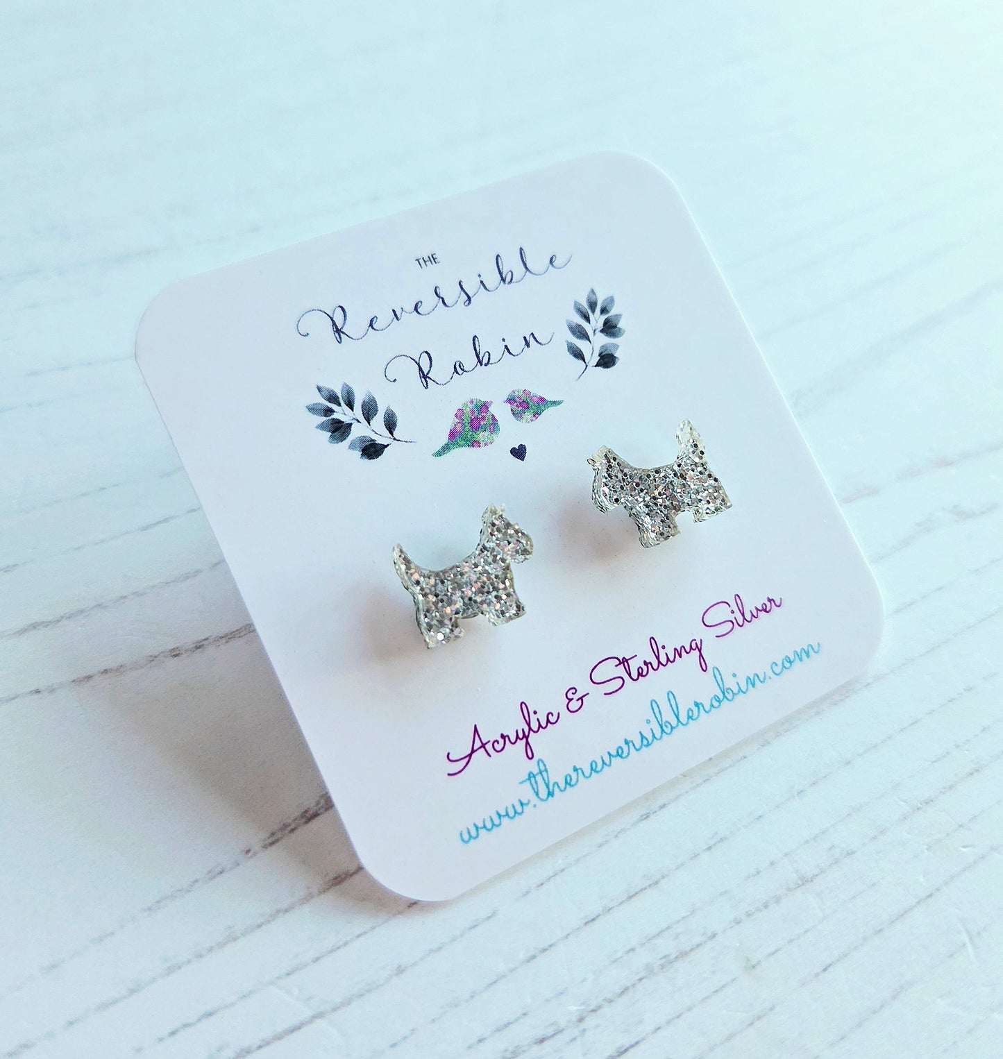 Scottie Dog studs, silver glitter