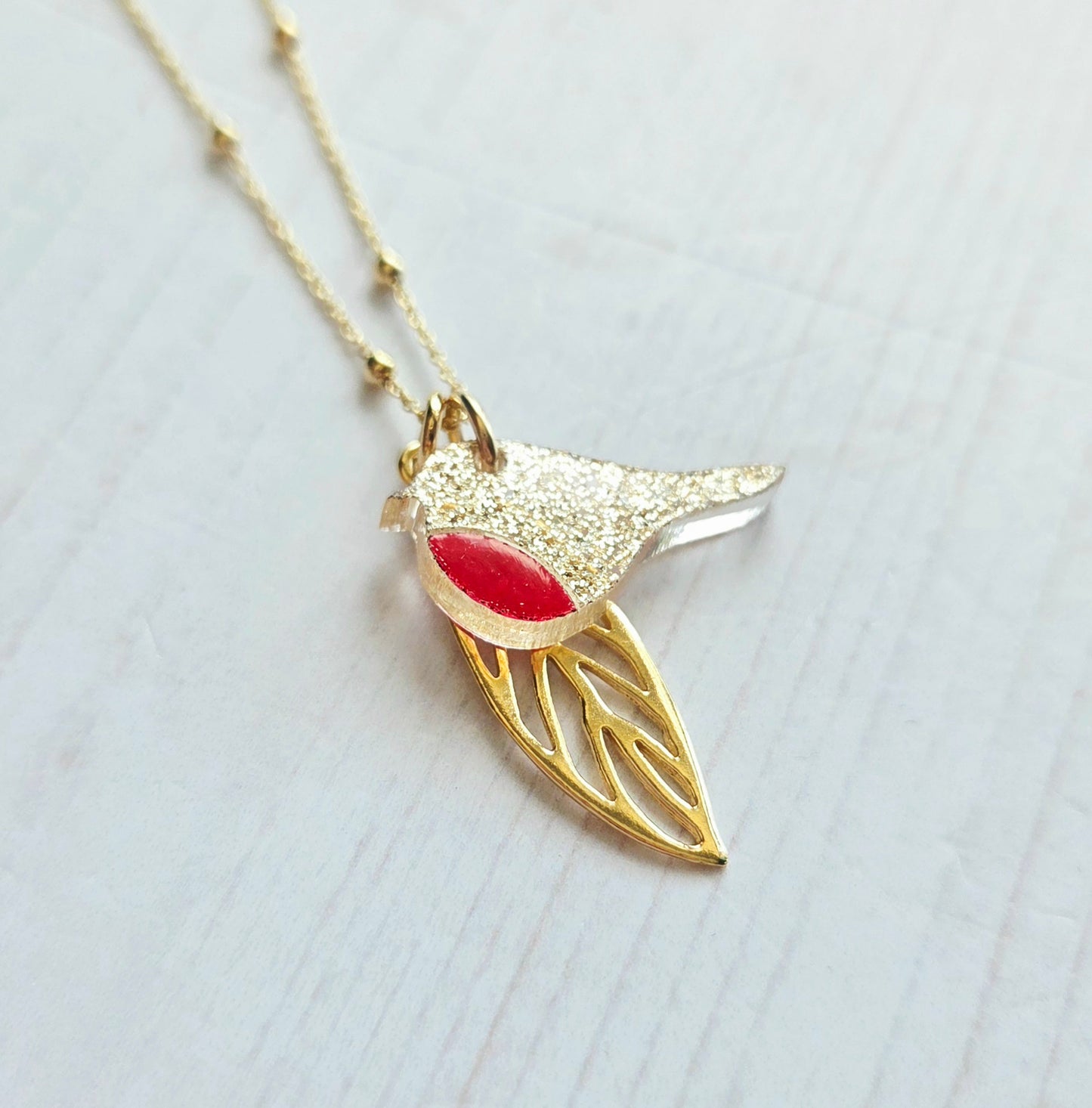 Robin and Leaf Pendant, Yellow Gold Vermeil, Limited edition Champagne shimmer