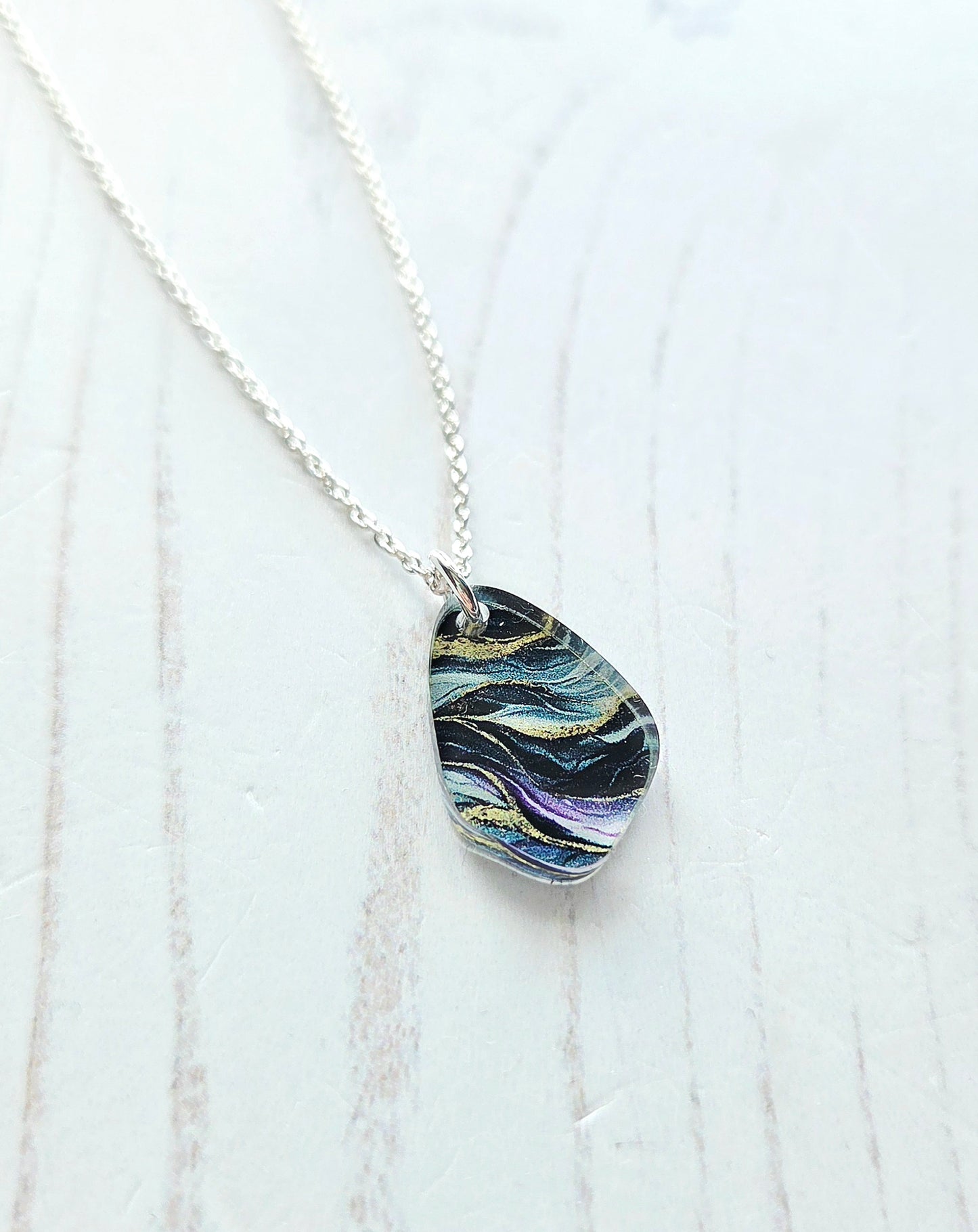 Mini Pebble Pendant, Green & Purple Ripple
