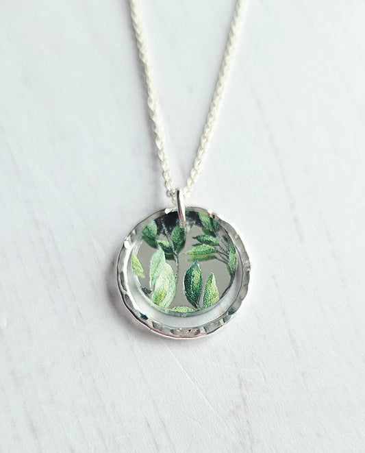 Hammered Circle Pendant, Mirror and leaves
