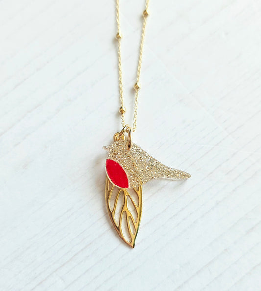 Robin and Leaf Pendant, Yellow Gold Vermeil, Limited edition Champagne shimmer