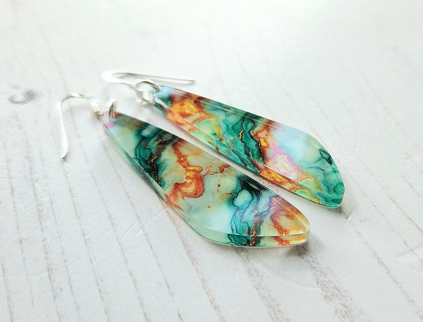 Statement drop earribgs, Green and orange ripple