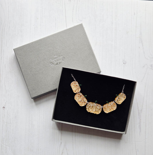Pumpkin Statement Necklace, Gold Mirror with white lace pattern