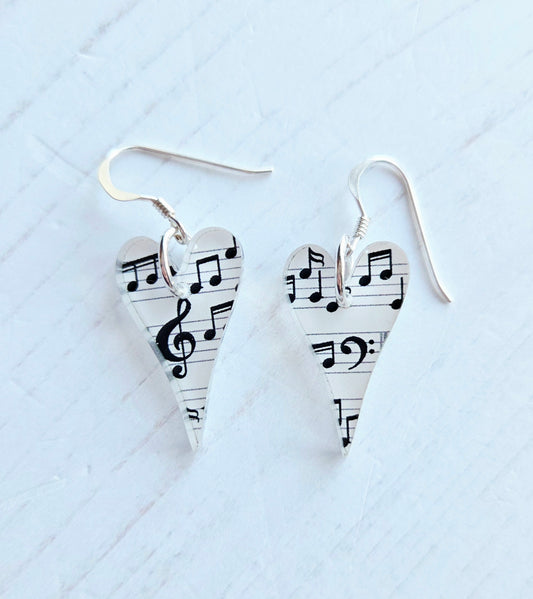 Long Heart drop earrings, music note