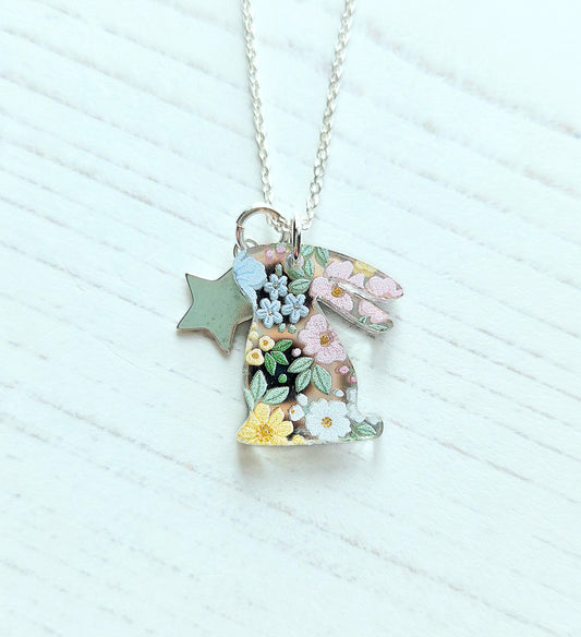 Bunny & Star Pendant, pastel spring floral