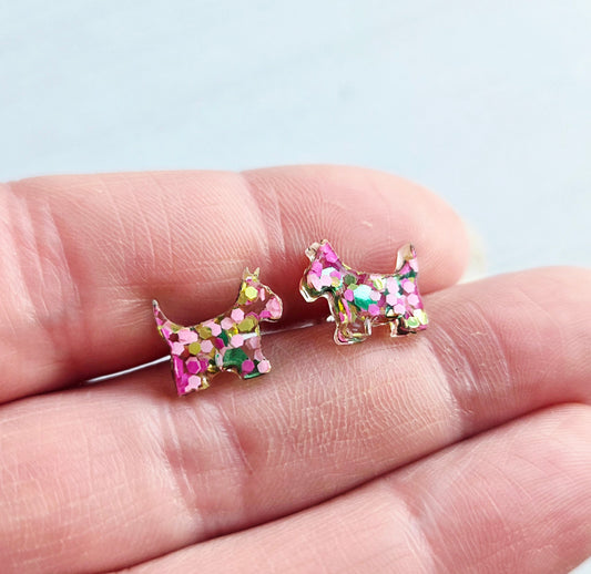 Scottie Dog studs, pink & green glitter