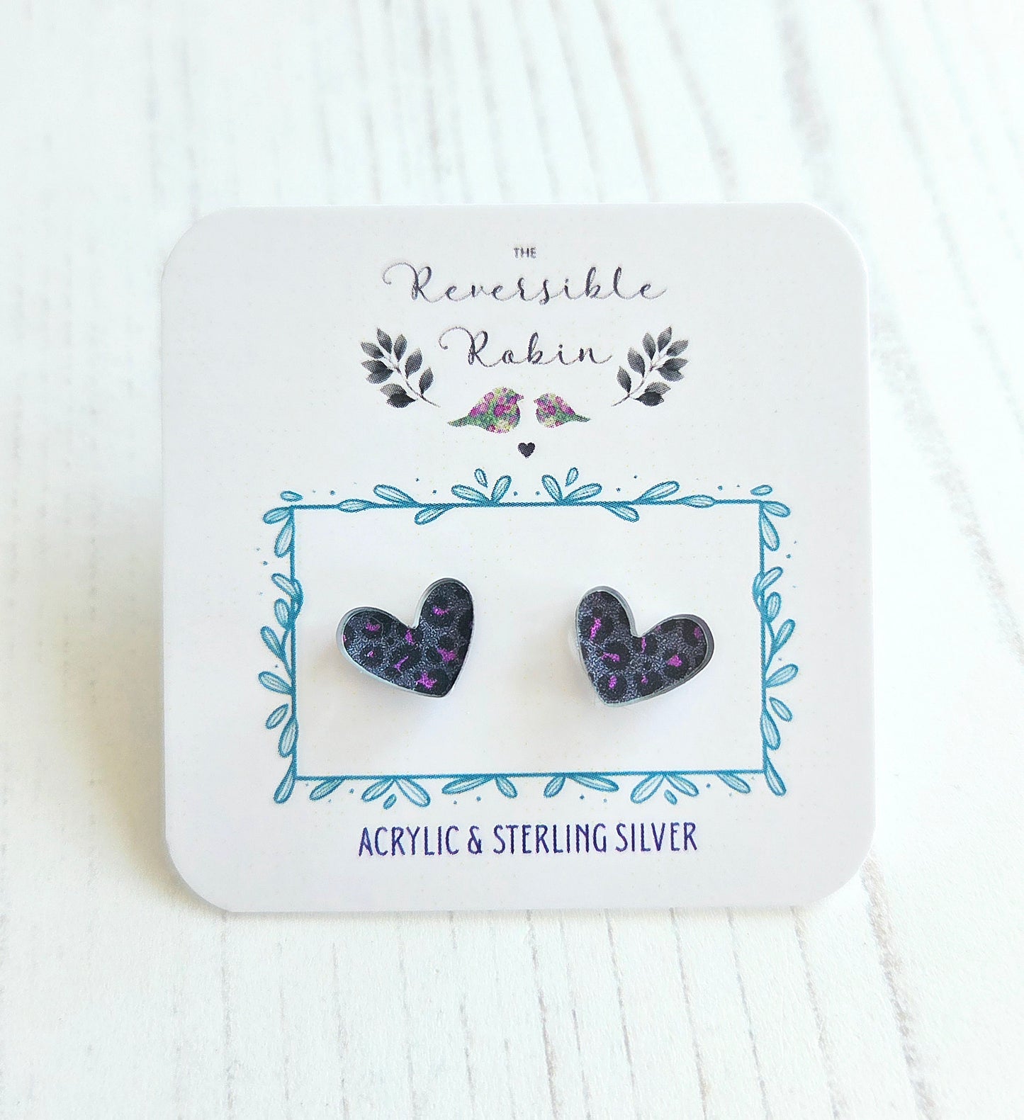 Puffy Heart Studs, Grey Leopard print