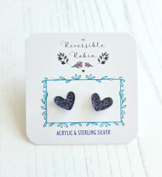 Puffy Heart Studs, Grey Leopard print