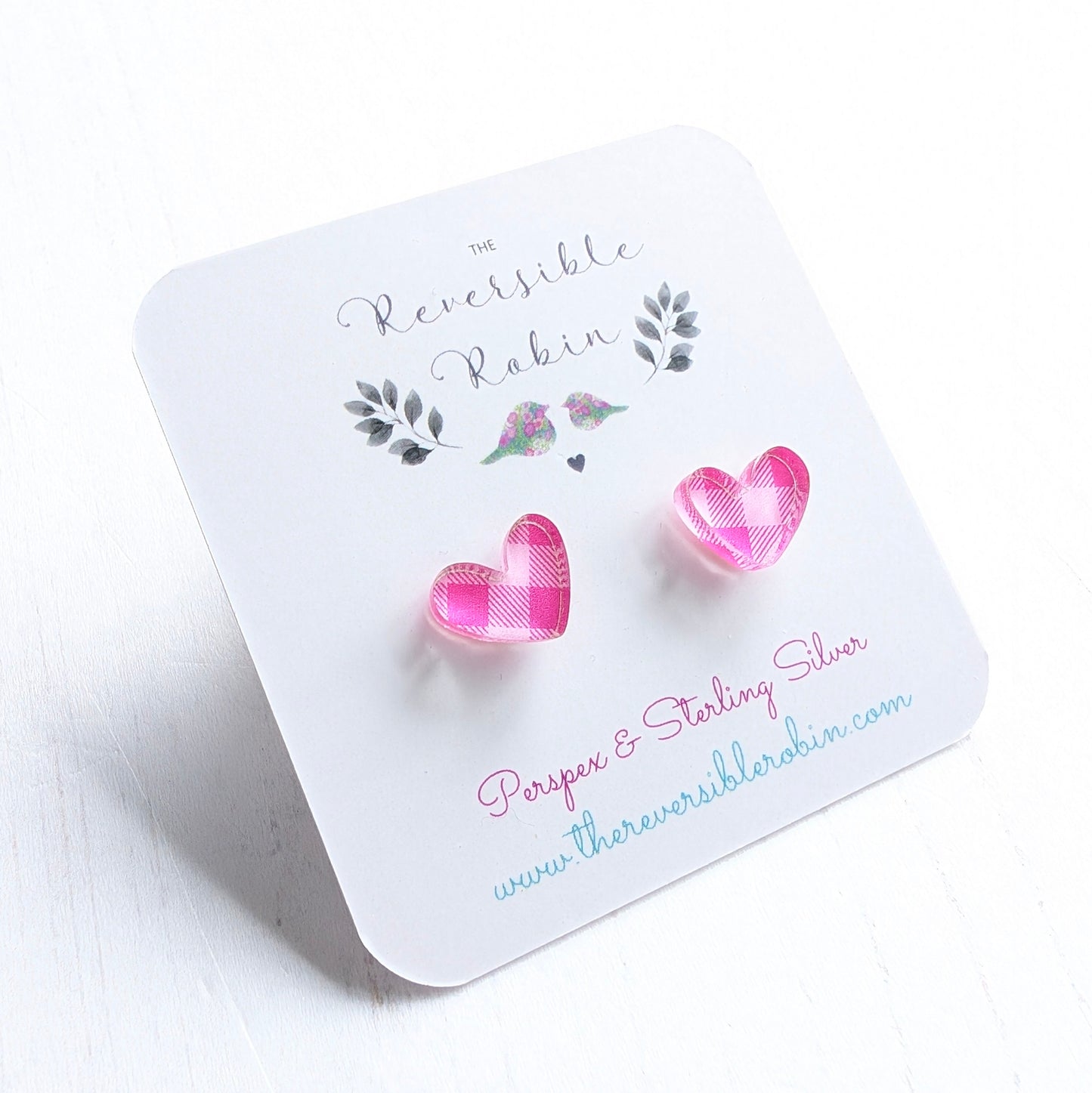 Pink Gingham Puffy Heart Studs