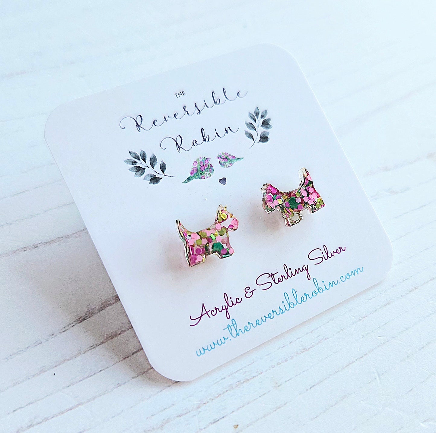 Scottie Dog studs, pink & green glitter