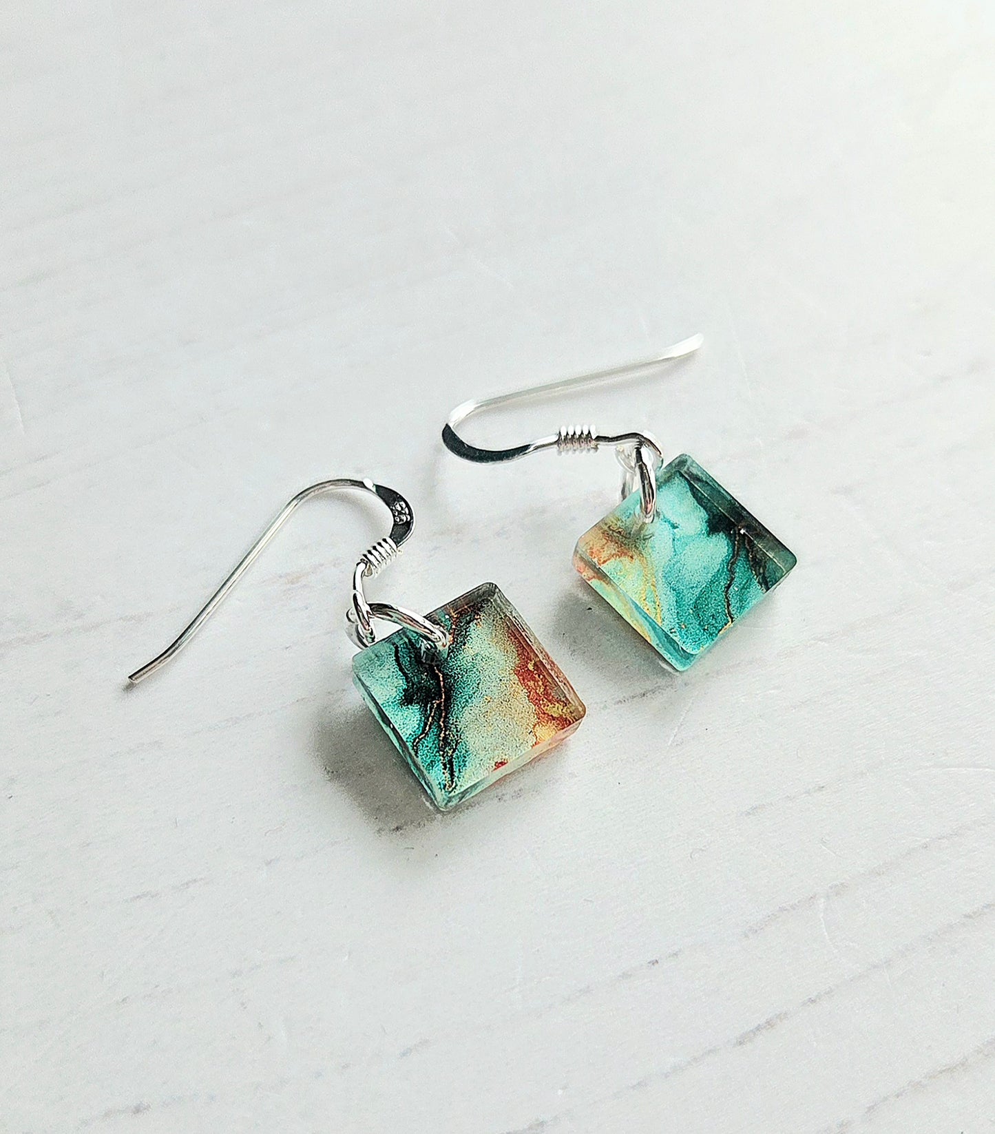 Square drop earrings, Green and orange marble