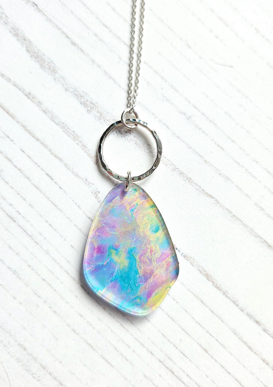 Pebble pendant with hammered silver hoop, Opal print