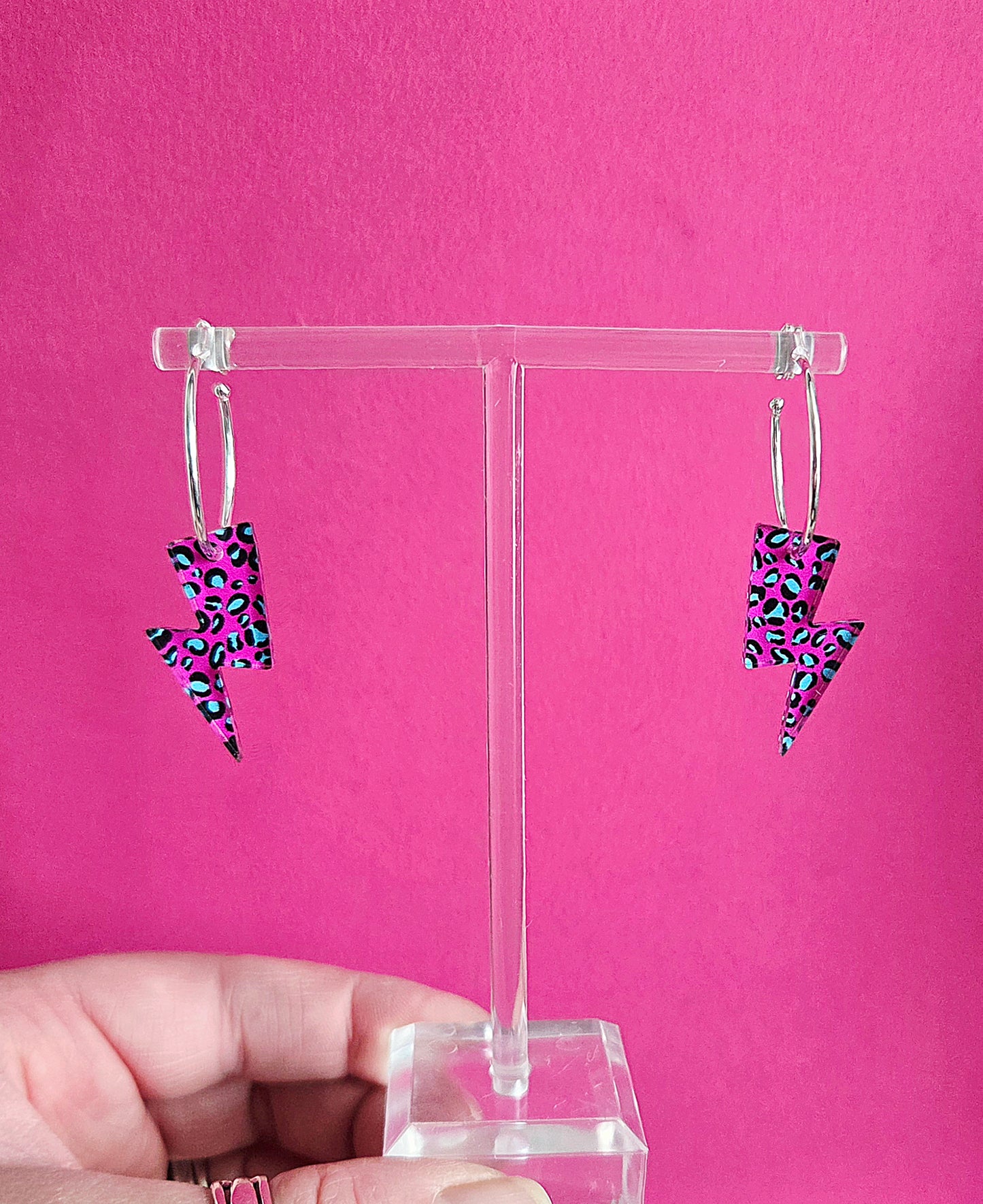 Lightning bolt hoops, pink leopard