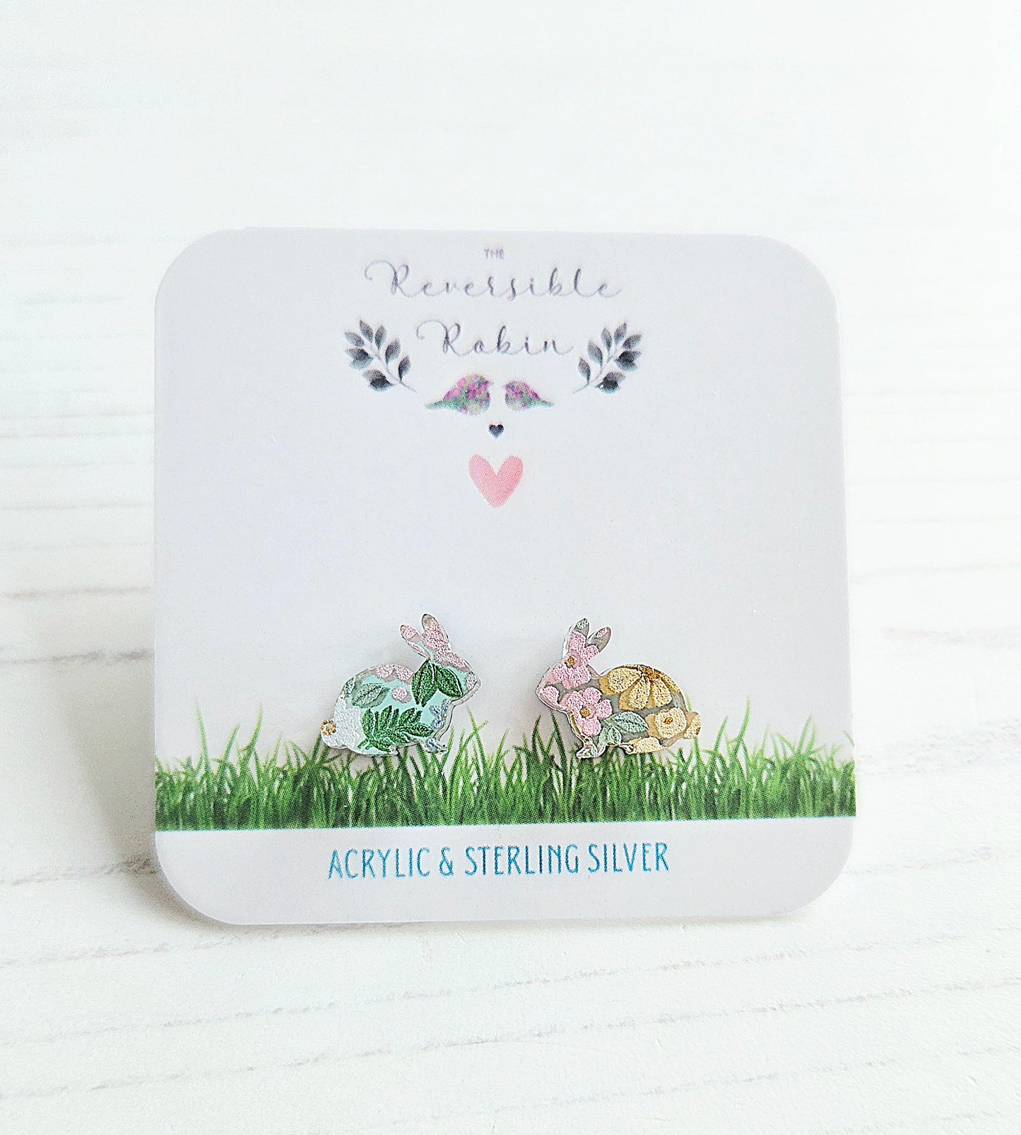 Rabbit studs, mirrored acrylic with pastel floral print