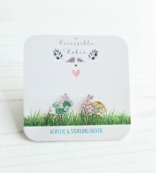 Rabbit studs, mirrored acrylic with pastel floral print