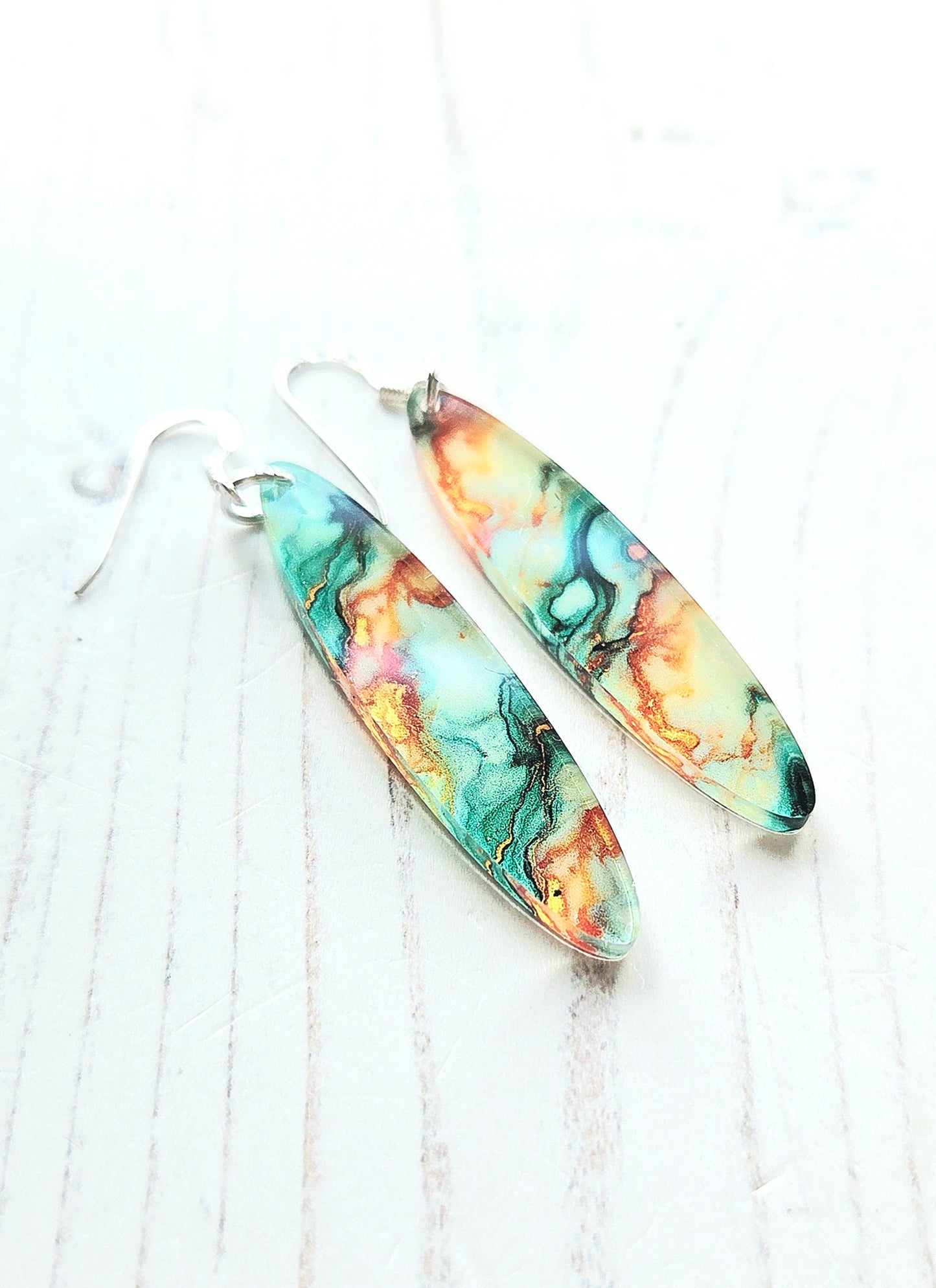 Long oval Statement earrings, Green and orange ripple