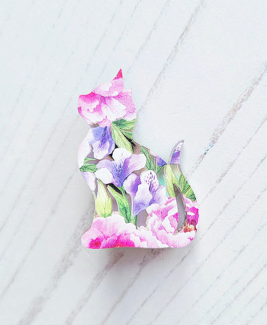 Cat Brooch, mirrored pink and purple flowers