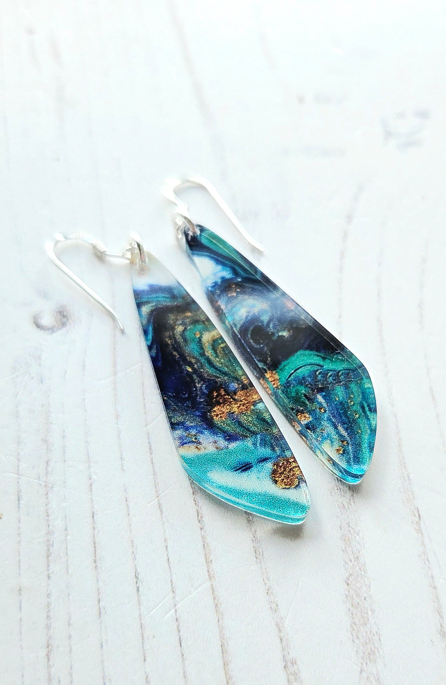 Statement drop earrings, Turquoise and gold swirl