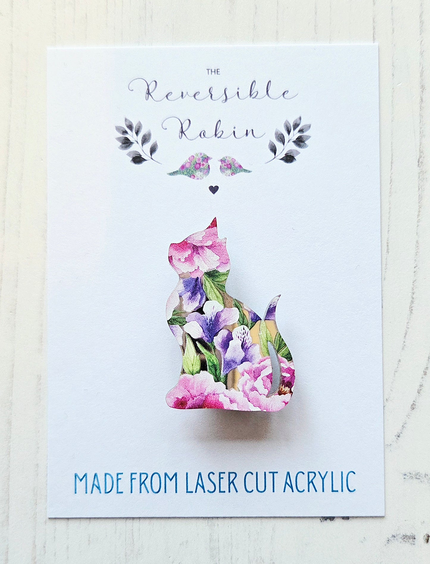 Cat Brooch, mirrored pink and purple flowers