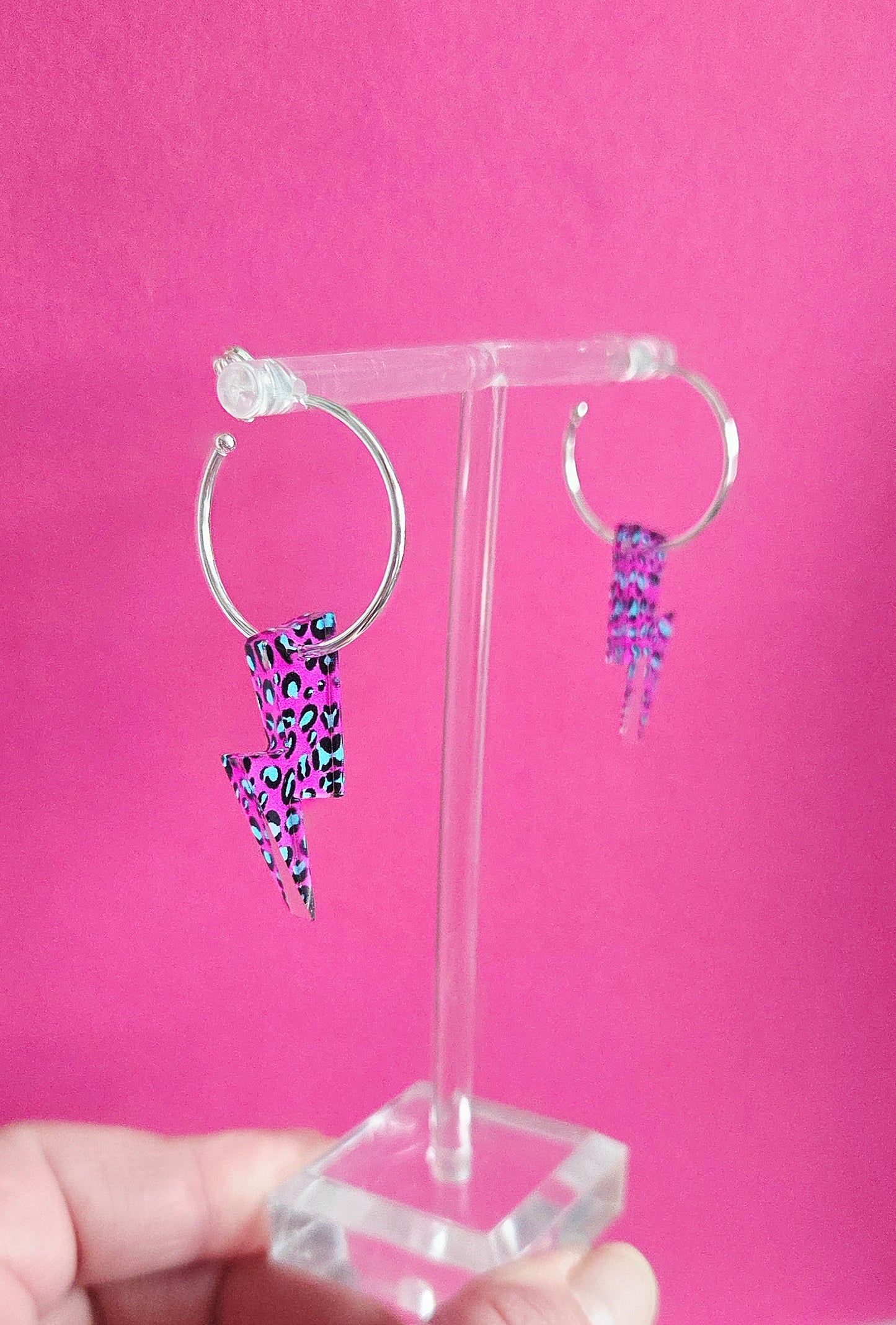 Lightning bolt hoops, pink leopard