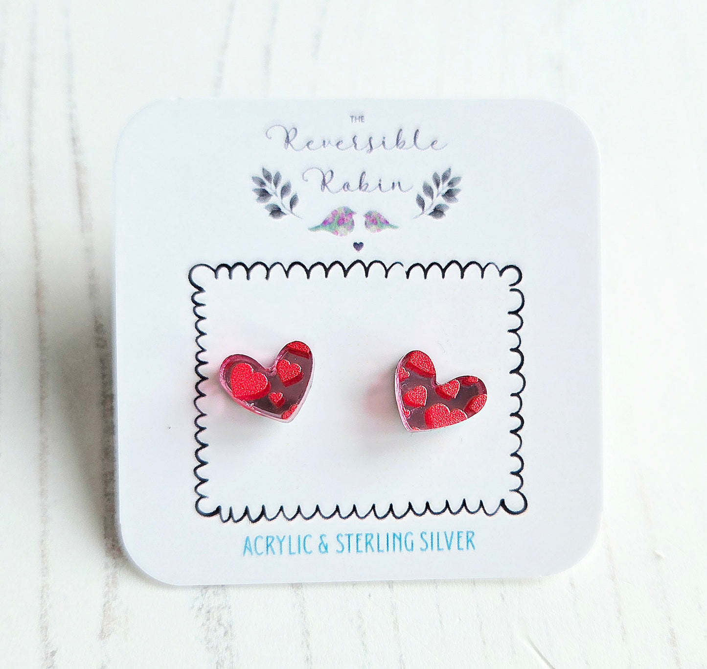 Puffy Heart Studs, pink mirror and red heart print