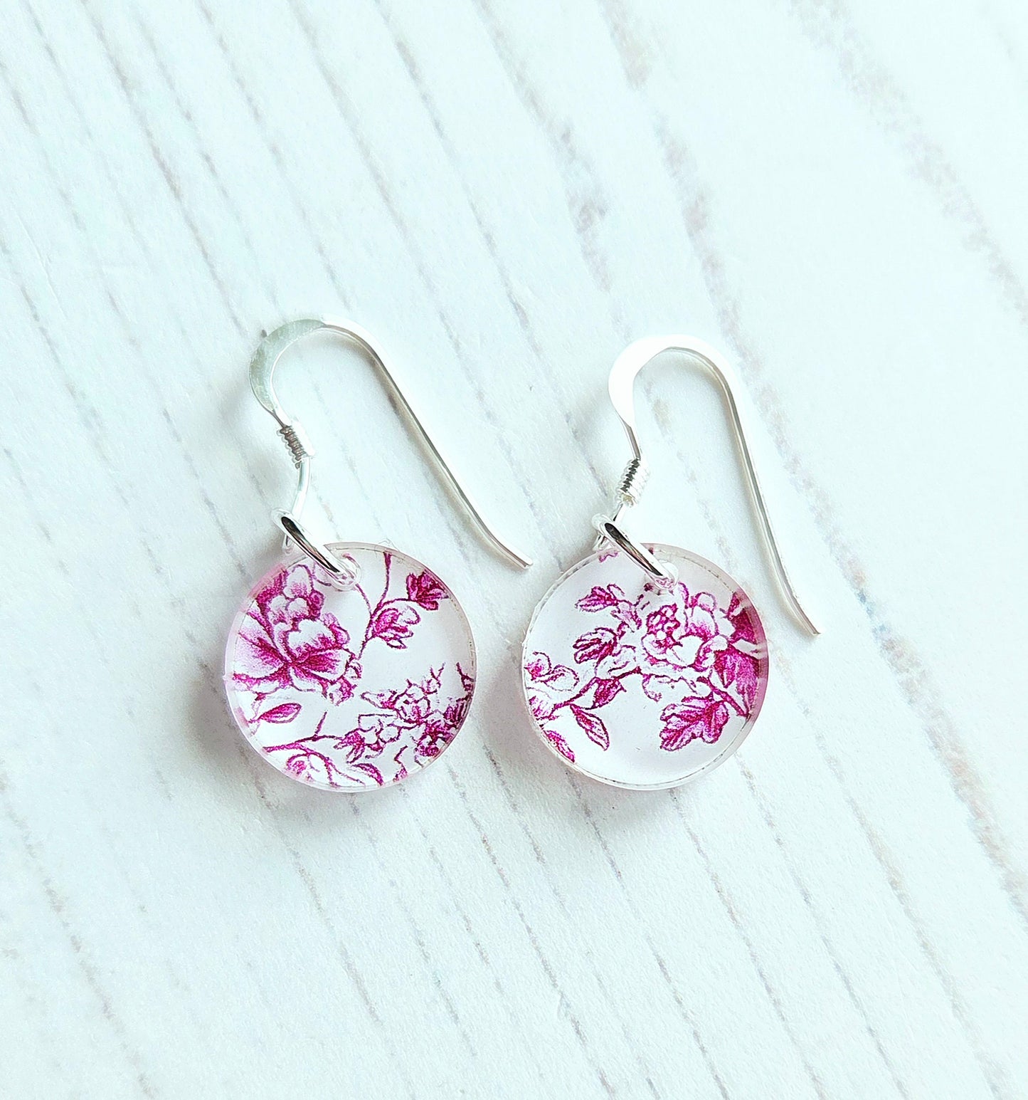 Circle Drop earrings, pink floral on white