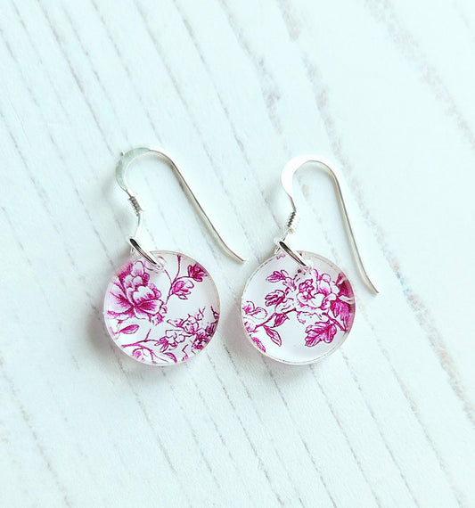 Circle Drop earrings, pink floral on white