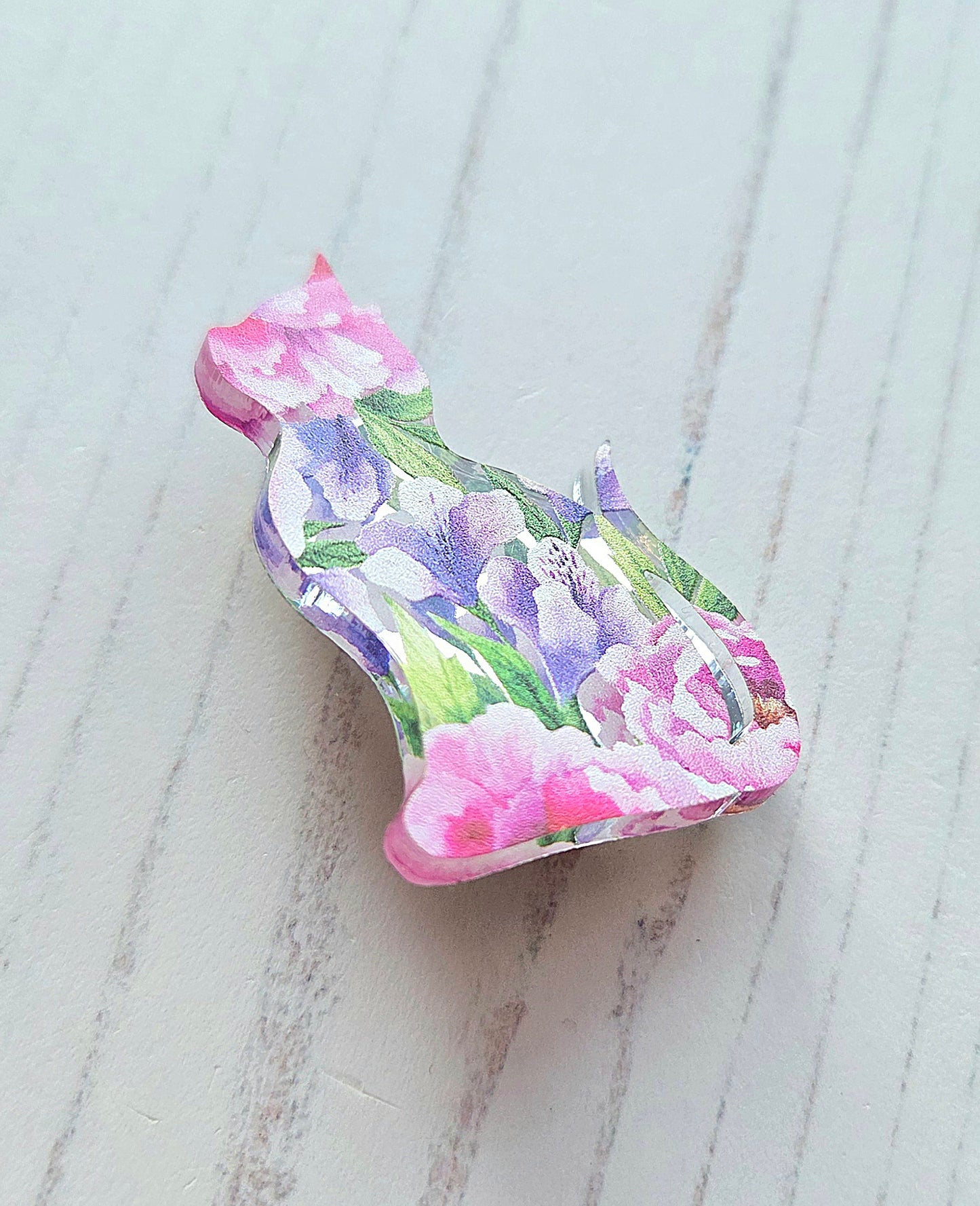 Cat Brooch, mirrored pink and purple flowers