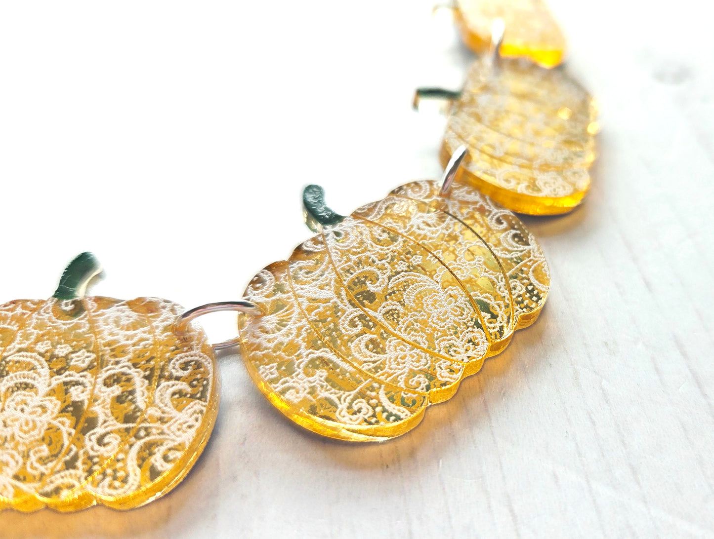 Pumpkin Statement Necklace, Gold Mirror with white lace pattern