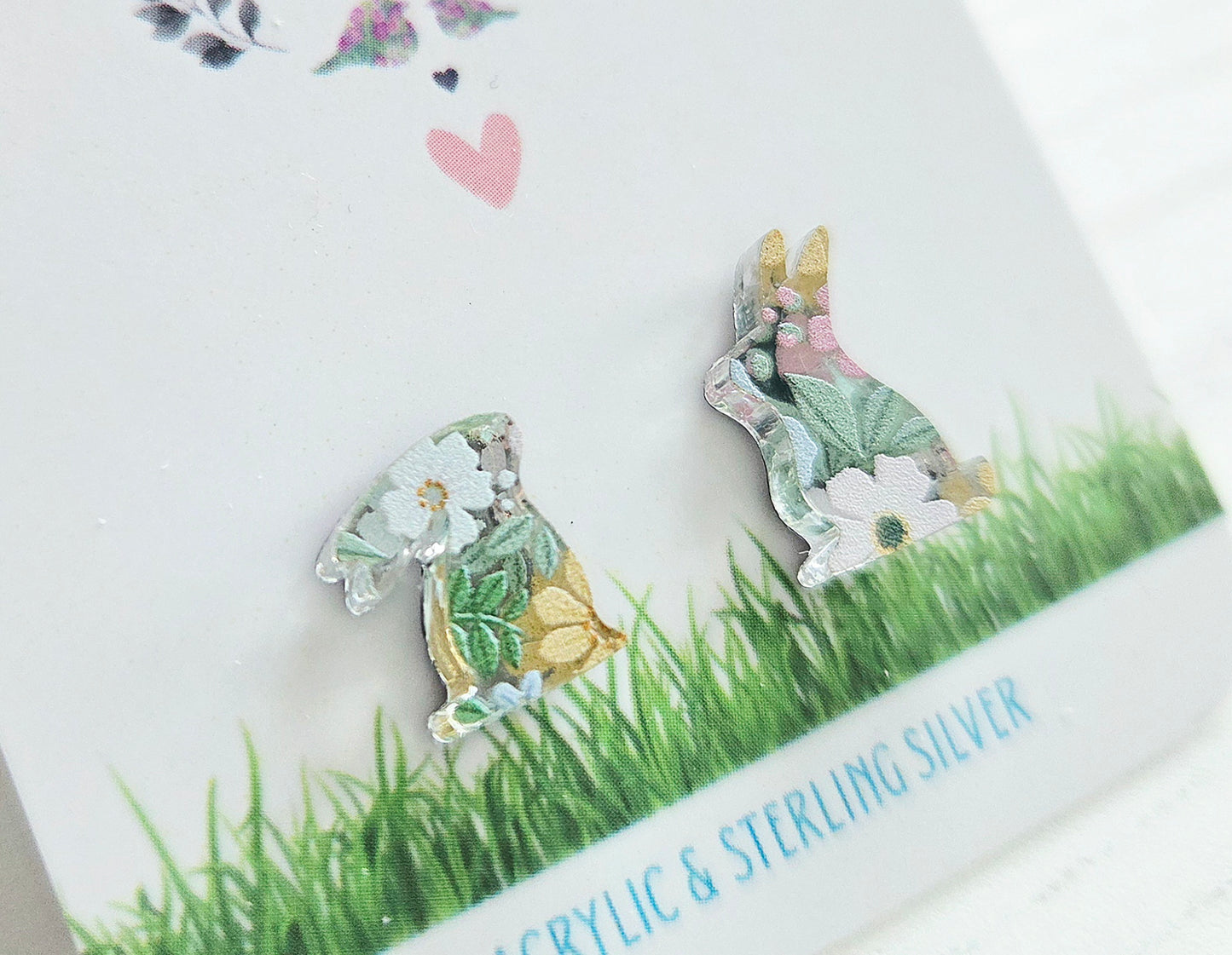 Bunny Studs, mirrored pastel spring floral