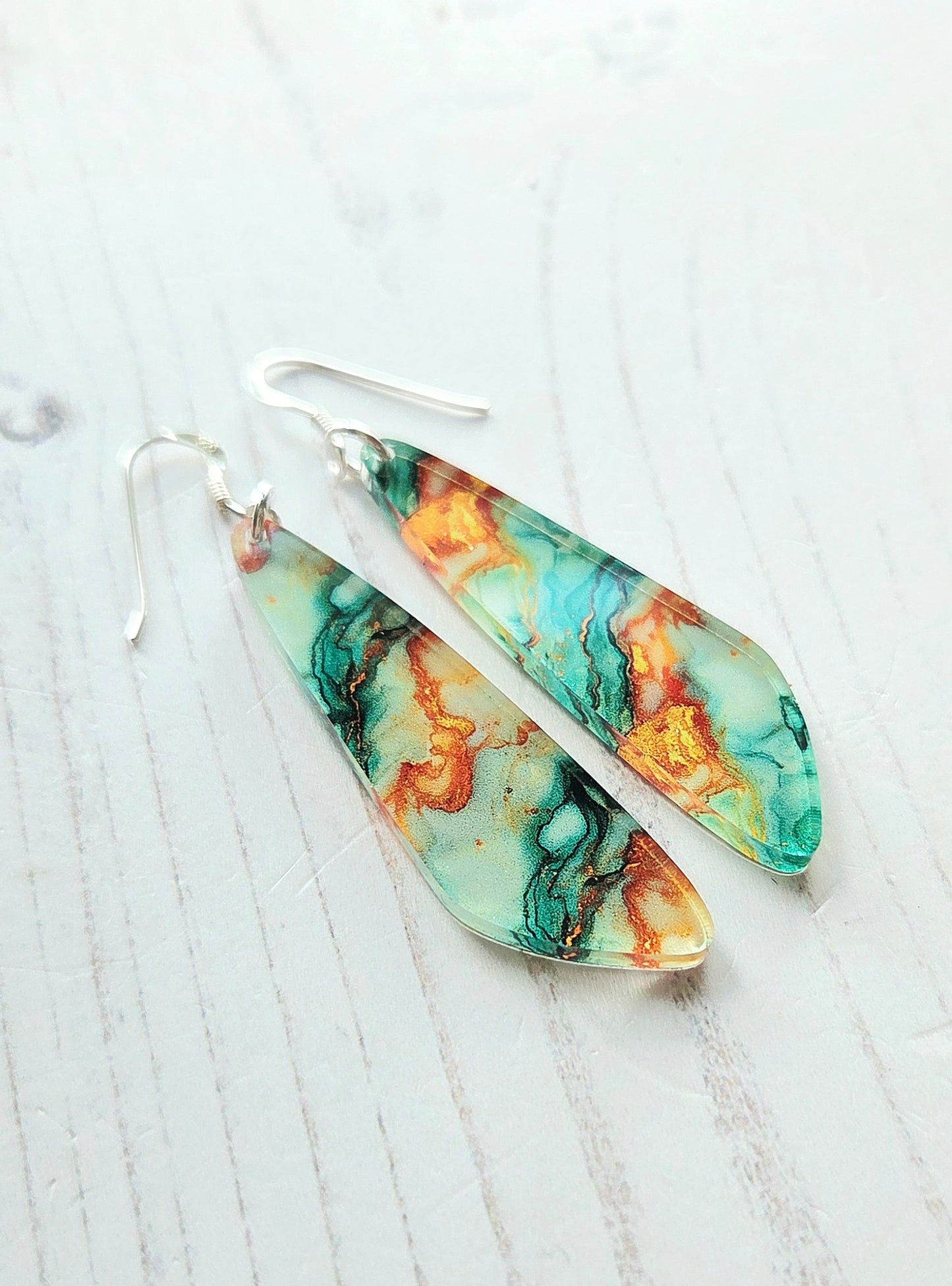 Statement drop earribgs, Green and orange ripple