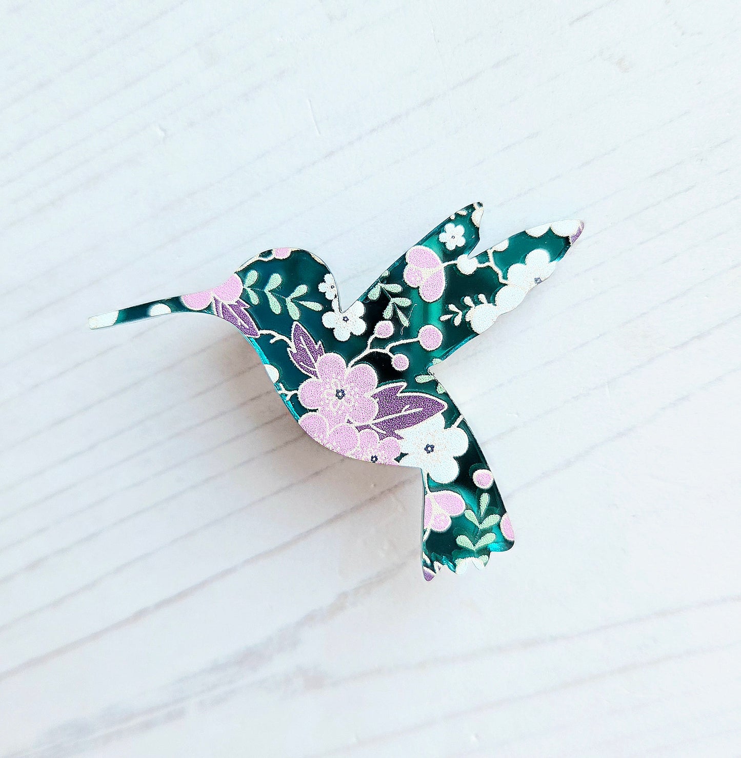 Hummingbird Brooch, Teal Cherry blossom