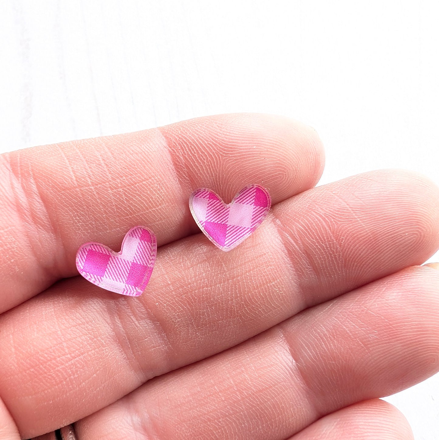 Pink Gingham Puffy Heart Studs