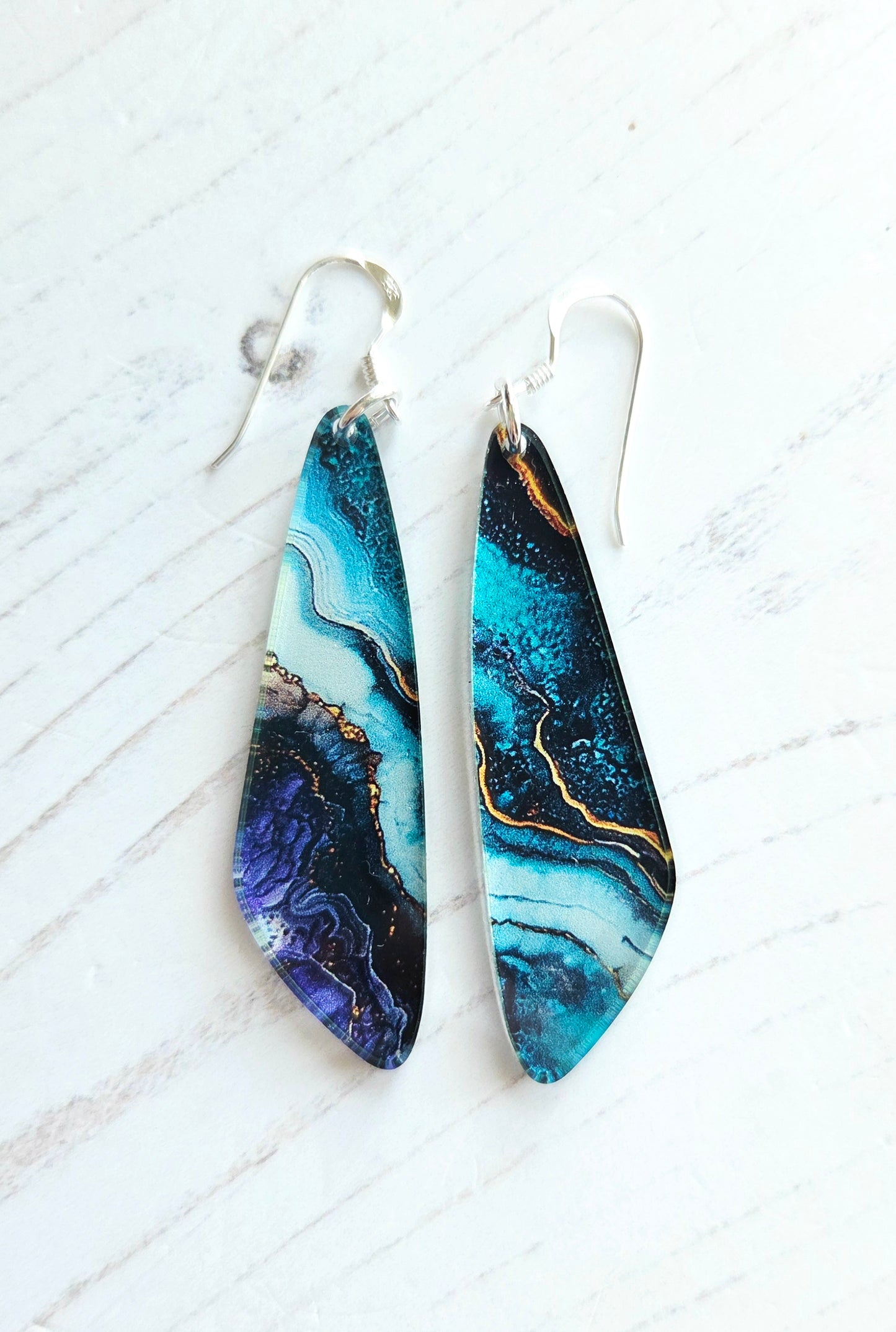 Statement drop earrings, blue ripple