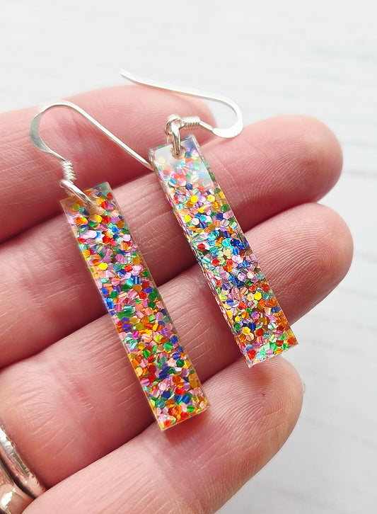 Ingot drop earrings, rainbow dots