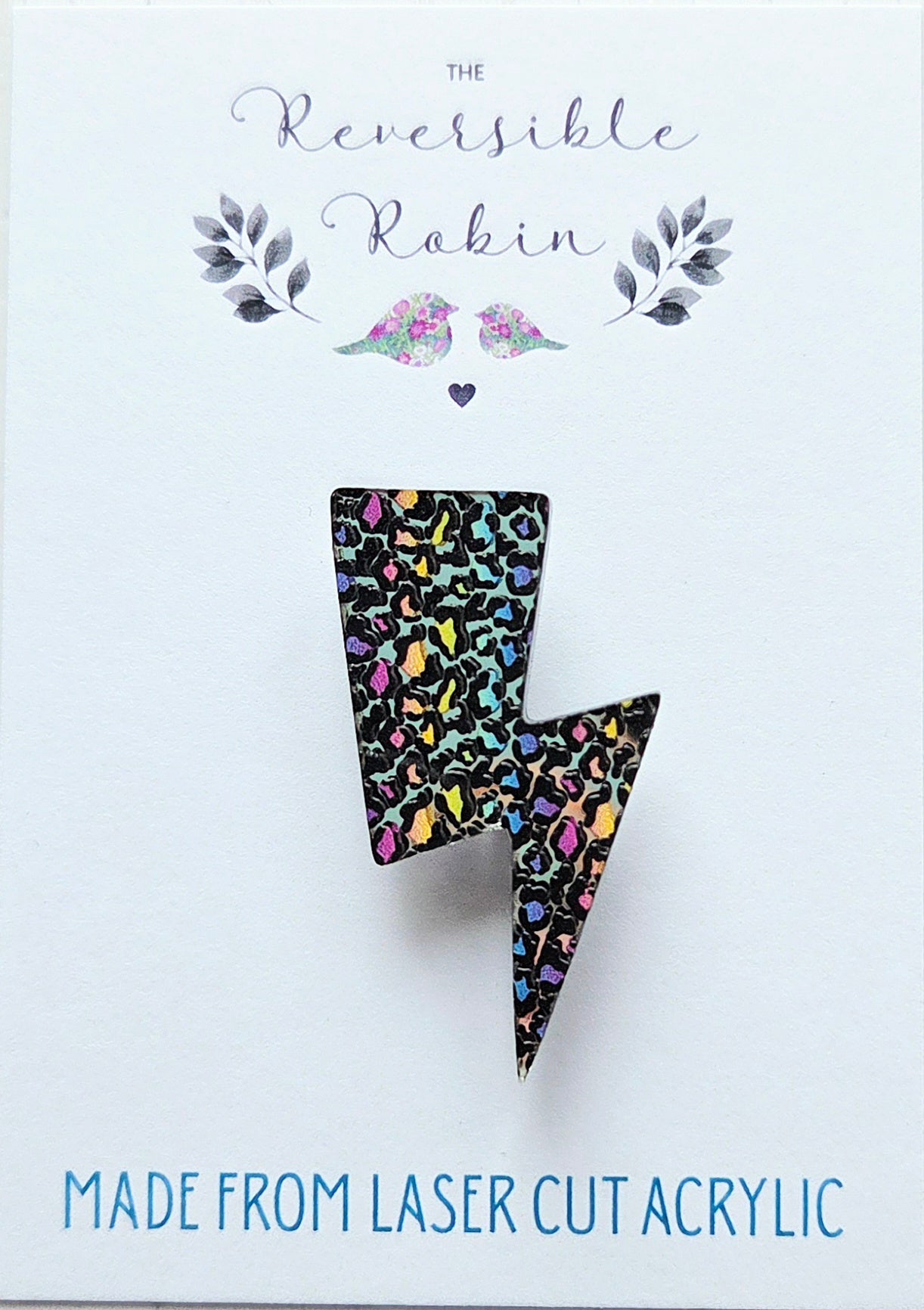 Lightning Bolt Brooch, Mirrored Rainbow Leopard print