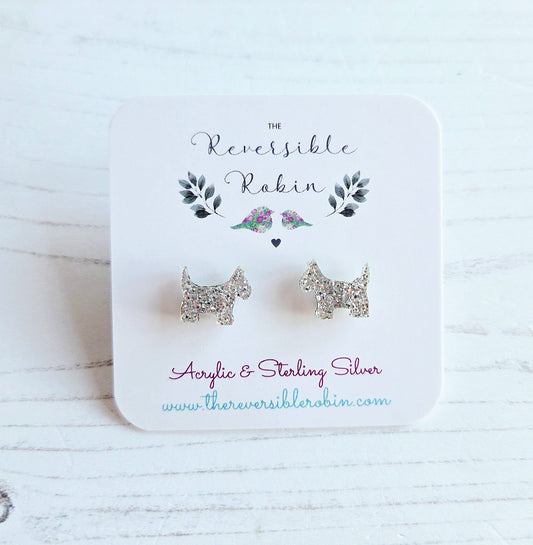Scottie Dog studs, silver glitter