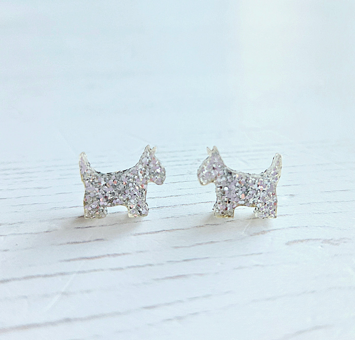 Scottie Dog studs, silver glitter