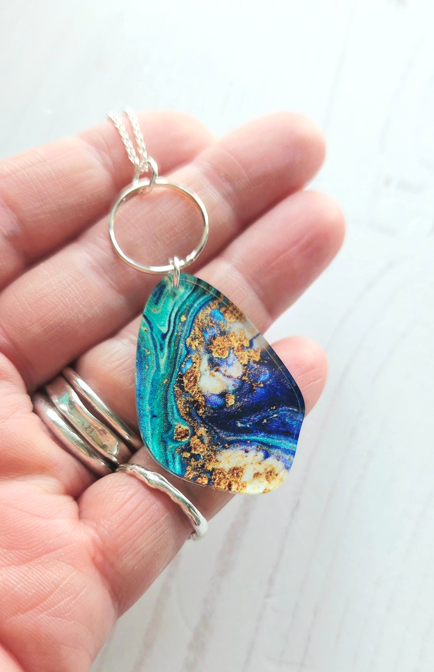 Statement Pebble and hoop pendant, turquoise and gold swirl