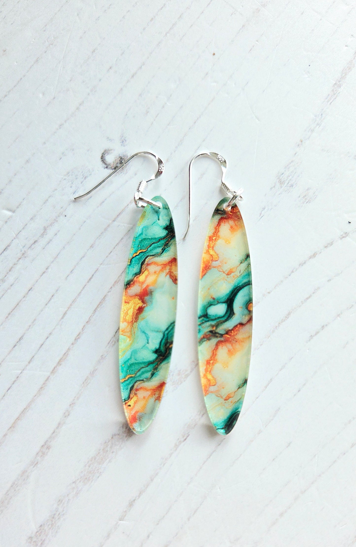 Long oval Statement earrings, Green and orange ripple