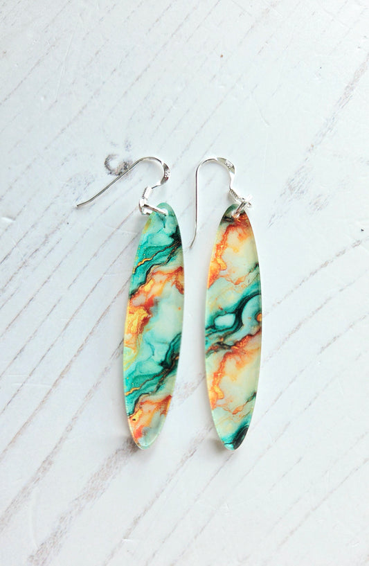 Long oval Statement earrings, Green and orange ripple