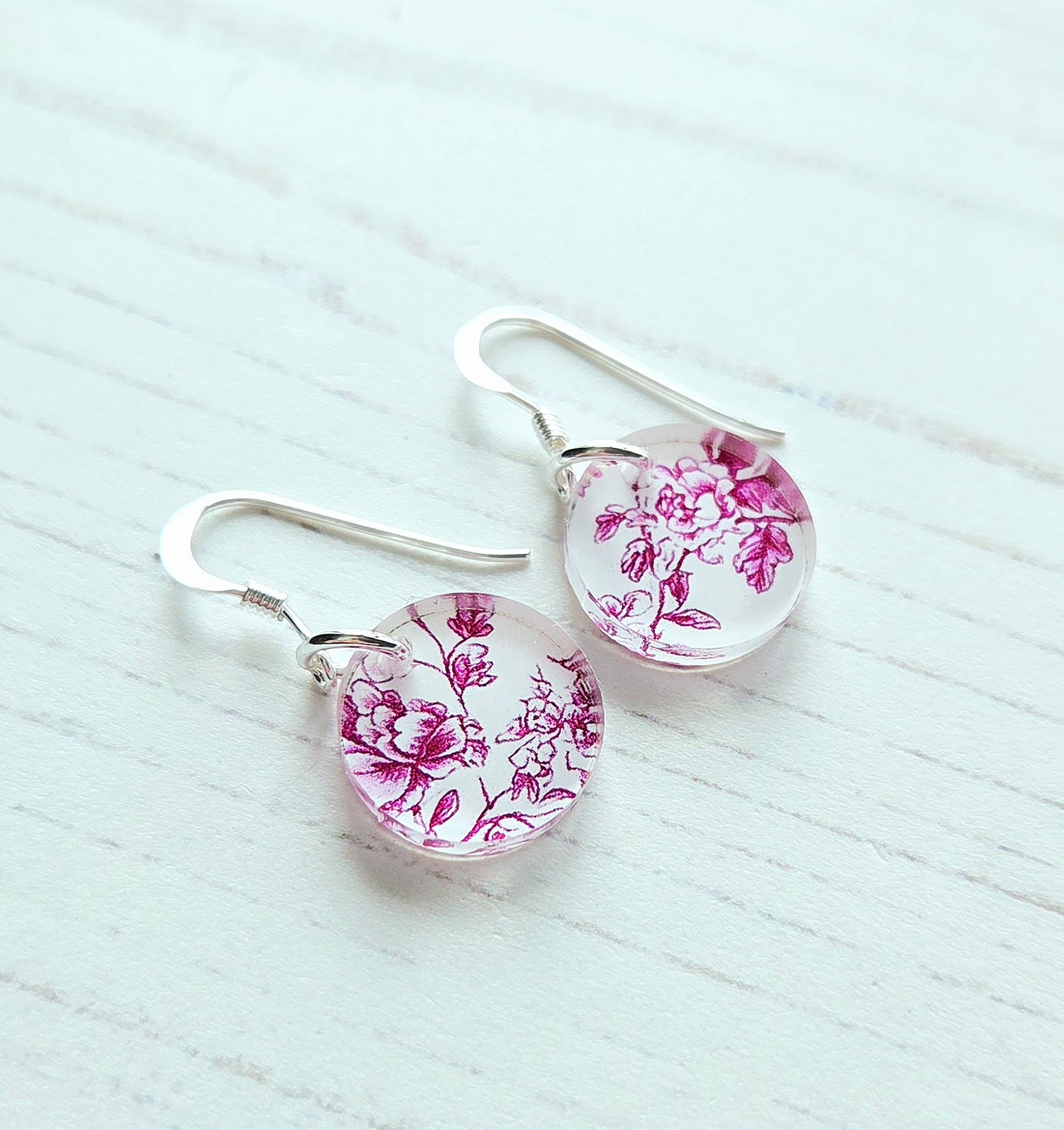 Circle Drop earrings, pink floral on white