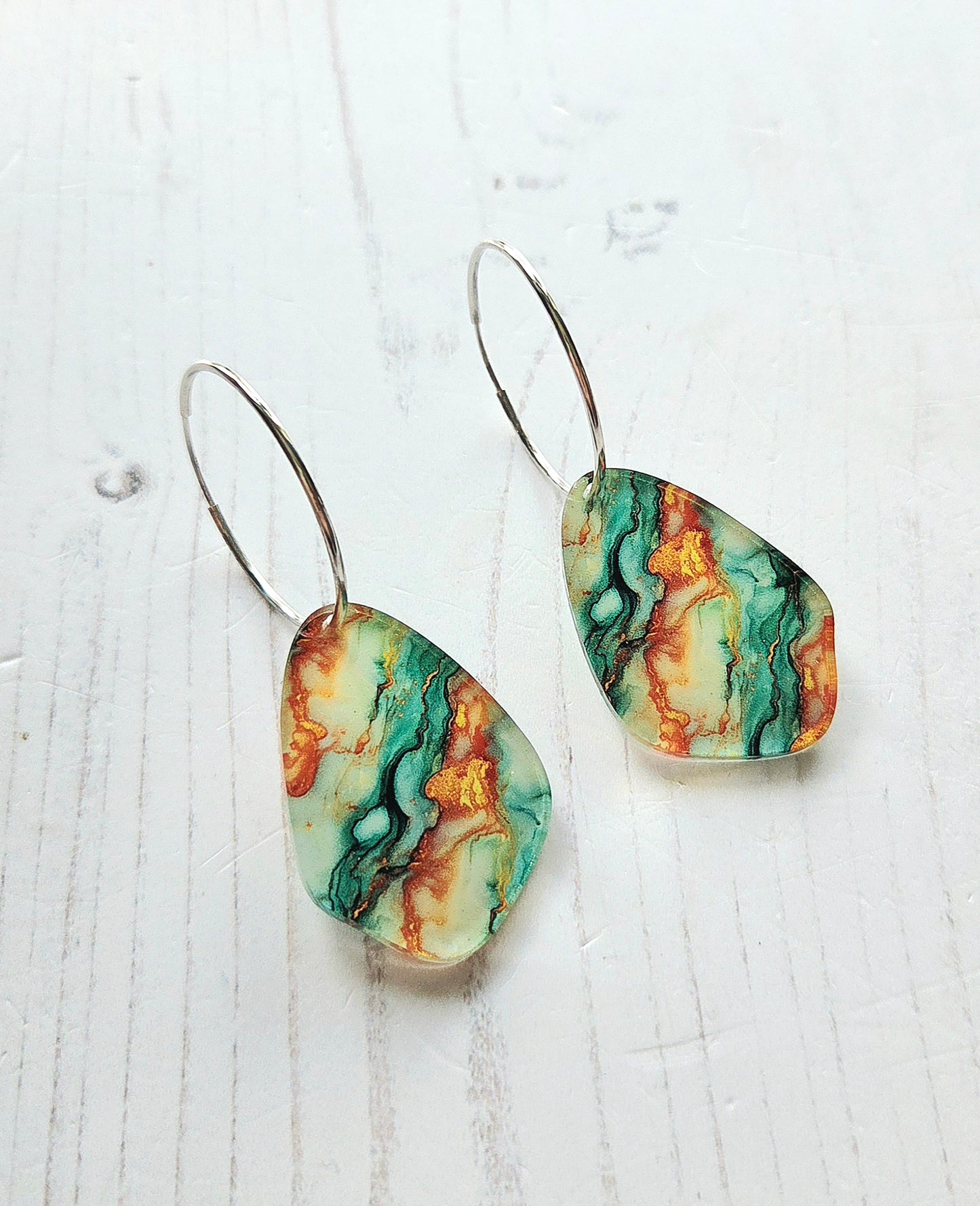Statement Pebble Hoop earrings, Green and Orange swirl
