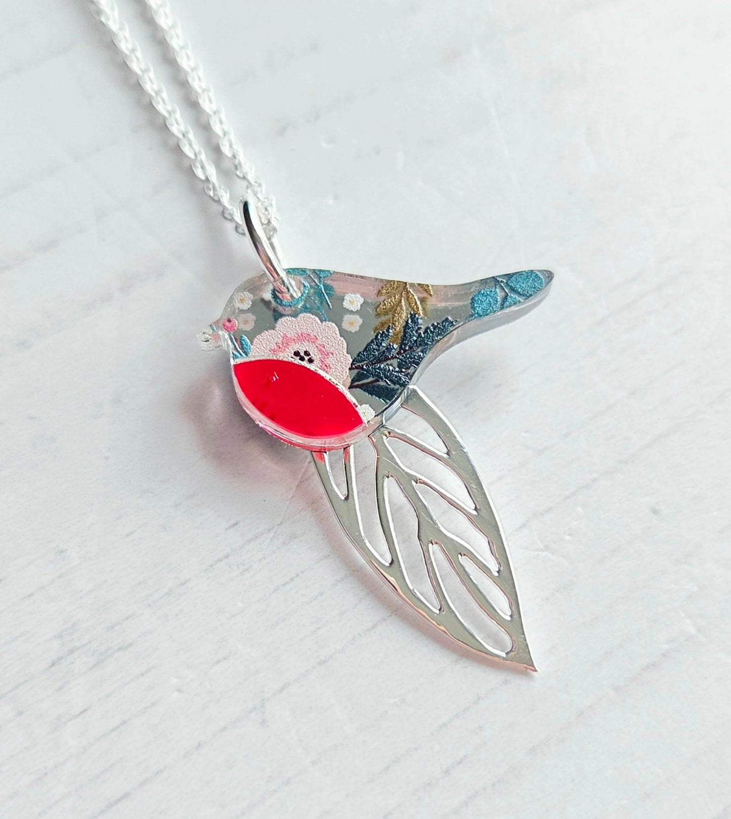 Robin and Leaf Pendant, Silver Mirror